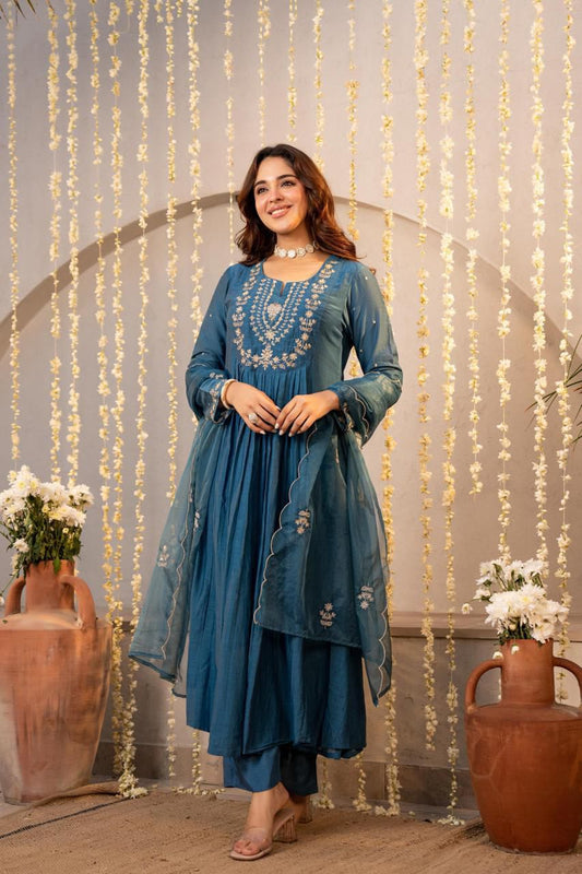 Teal Embroidered Anarkali Suit Set