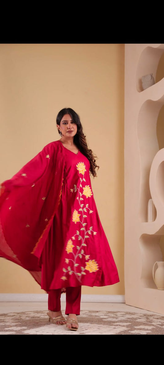 Premium silk chanderi embroidery 3 piece suit set