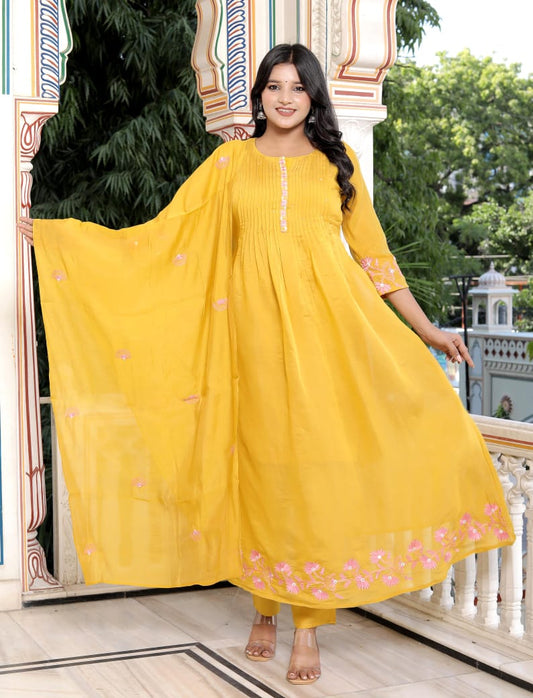 Pure cotton chanderi 3 piece embroidery suit set