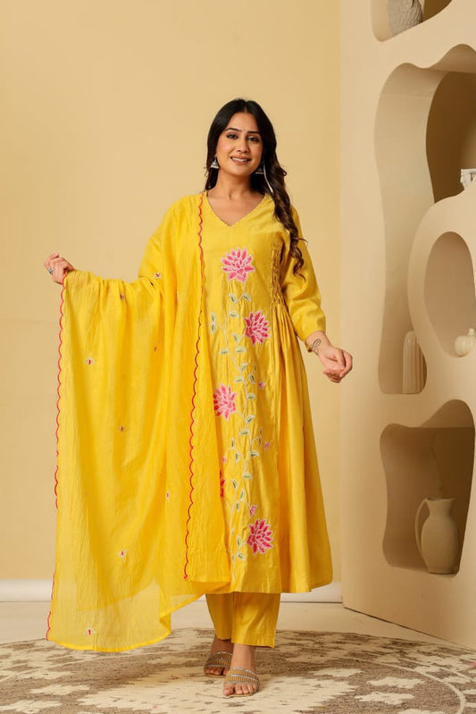 Premium silk chanderi  embroidery 3 piece suit set
