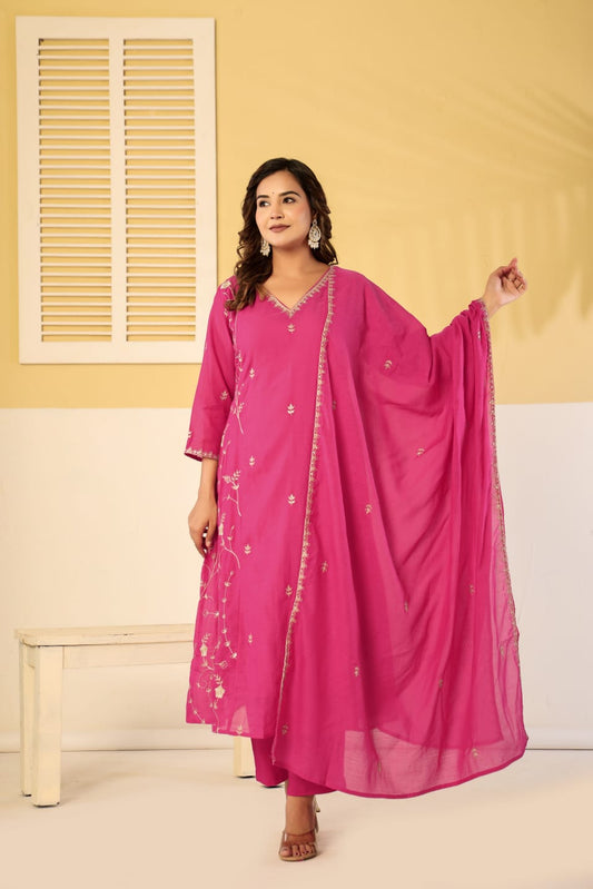 Pure mul chanderi zari work 3 piece suit set