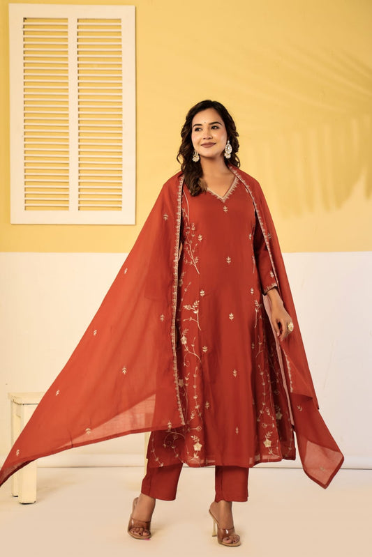 Pure mul chanderi zari work 3 piece suit set